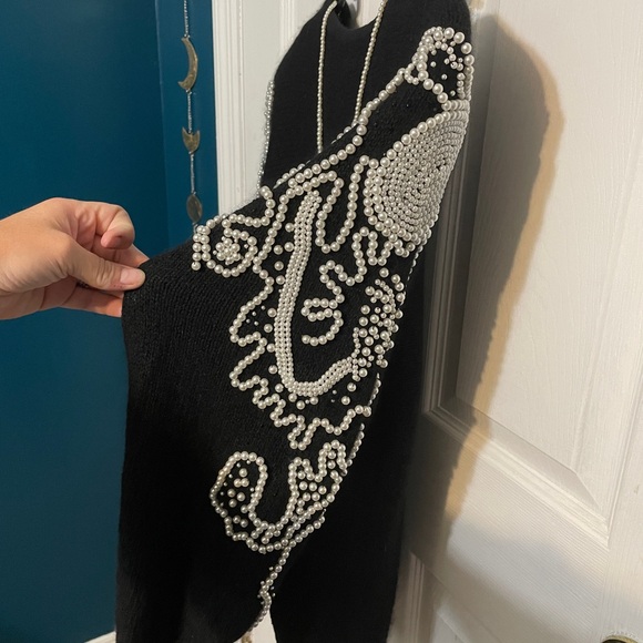 Women's Vintage Black Sweater with Pearl Embellishments & Pearl Necklace Size L - Picture 4 of 6